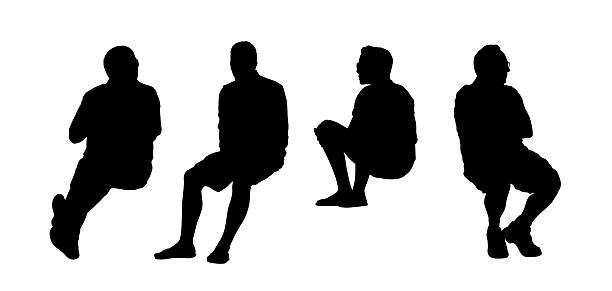 black silhouettes of men of different ages seated outdoor, front and profile views