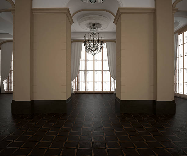 istock 3d rendering.Classic hall, blank interior. Wooden dark parquet floor. 522801811