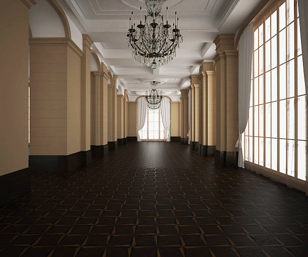 istock 3d rendering.Classic hall, blank interior. Wooden dark parquet floor. 522801835