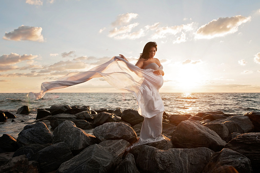 A beautiful pregnant woman on a rocky beach at sunrise. She is holding a gray silk veil that's flowing in the wind.