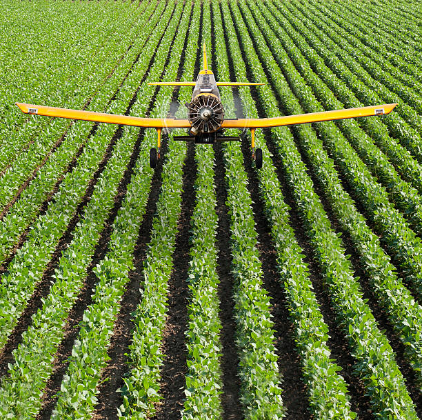 crop staubwedel flugzeuge sprühen cropped-hosen mit luft-anwendung - crop sprayer front or back yard pest control equipment spraying stock-fotos und bilder