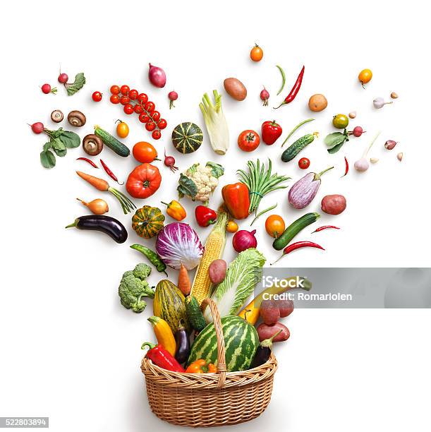 Healthy Food In Basket Stock Photo - Download Image Now - Vegetable, Fruit, Food
