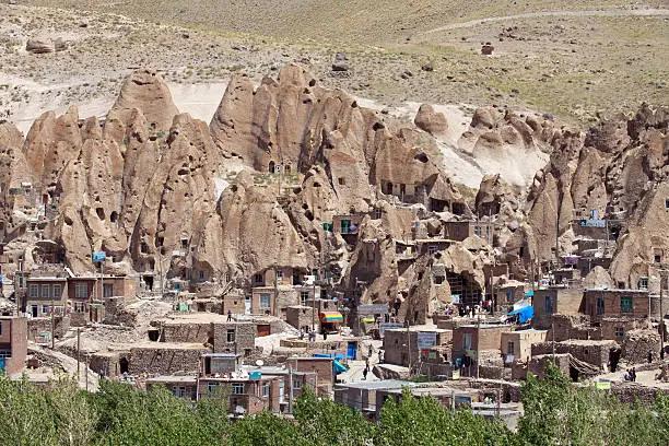 Kandovan, also known as Candovan, is a tourist village fame of its  troglodyte dwellings in East Azarbaijan, Tabriz, Iran. Photo shown a stone stairway up across to the village.