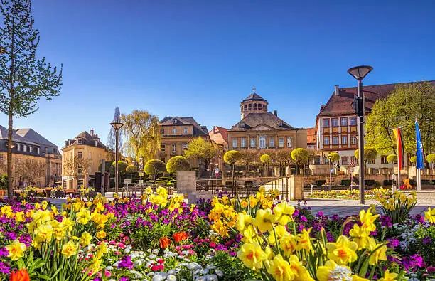 View on Bayreuth´s newly redeveleoved Luipoldpoild Square, now La Spezia Square, on a beautiful spring day.