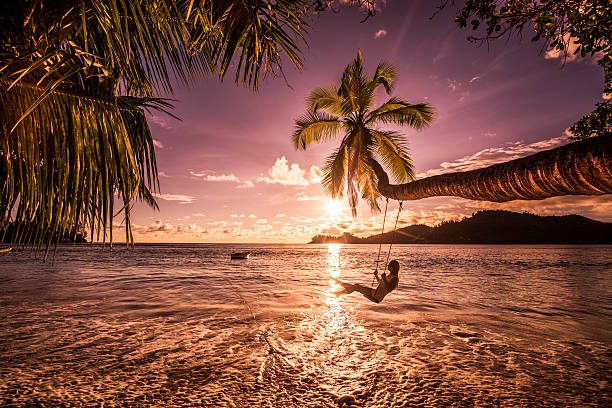 spensierata donna fiore sopra il mare al tramonto spiaggia. - seychelles foto e immagini stock