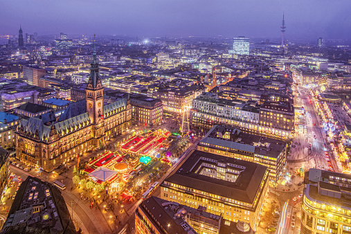 Hamburg Town Hall and Christmas Market at Night