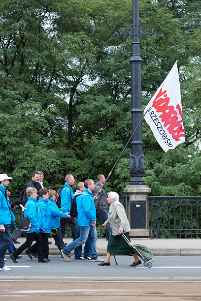 Trade unionists during a demonstration in Warsaw - Poland Warsaw, Poland - September 14, 2013: Unidentified Trade unionists during a demonstration the first day of the Polish national days of protest in Warsaw. Poland 2013. solidarity labor union stock pictures, royalty-free photos & images