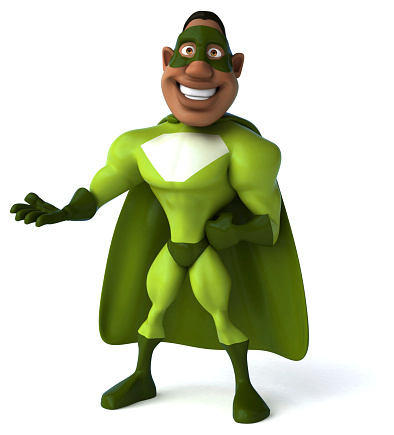 3d green hero surfing on a surfboard, illustration with isolated white background