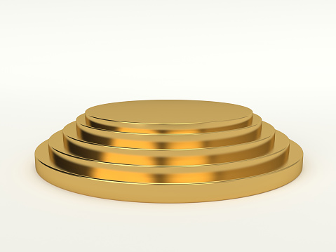 3d Generated gold pedestal isolated on white background. five steps