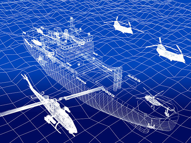 istock warship with helicopter 3d wire frame on water 522821031
