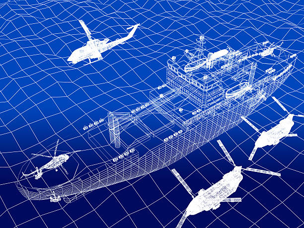istock warship with helicopter 3d wire frame on water 522821047