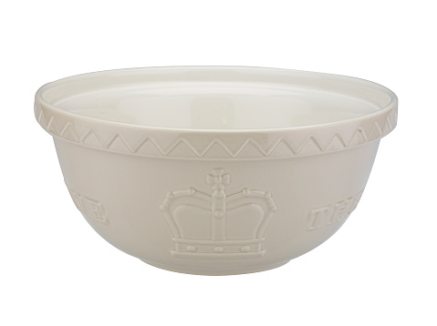 A white mixing bowl with an embossed crown on a white background