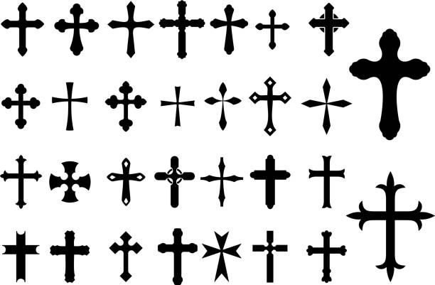 ilustraciones, imágenes clip art, dibujos animados e iconos de stock de cruce conjunto de símbolos de religión - silhouette cross shape ornate cross