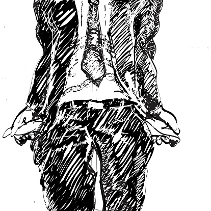 black and white sketch of a man having no money and demonstrating his empty pockets