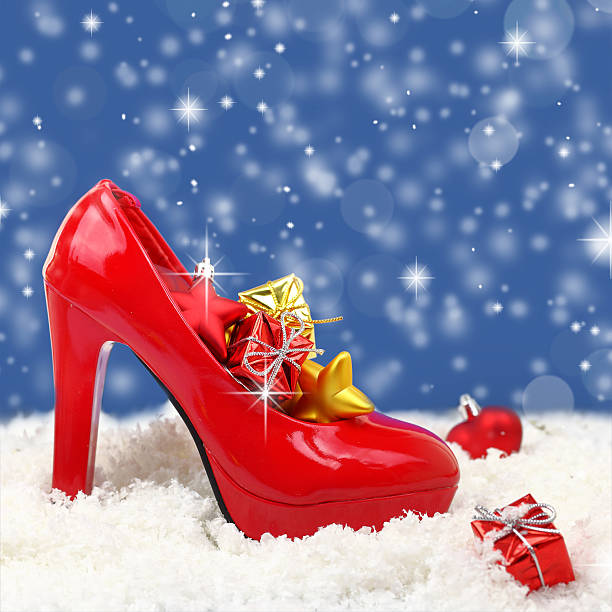 istock High heel shoe with christmas ornaments on snow 522837861