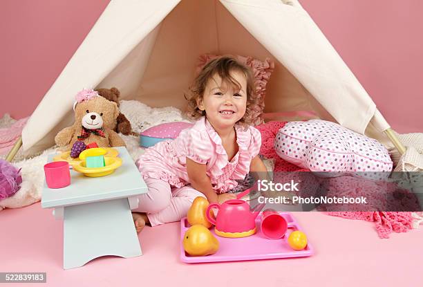 Pretend Play Tea Party At Home With A Teepee Tent Stock Photo - Download Image Now - Tea Party, Baby - Human Age, Playful