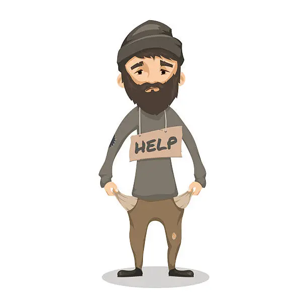 Vector illustration of Homeless. Shaggy Bearded man in ragged old clothes