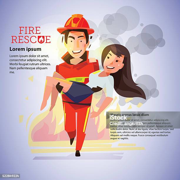 Ilustración de Bombero Transporte Hermosa Chica Sobre Ilustración De Vectores De Fondo De Fuego y más Vectores Libres de Derechos de Accidentes y desastres