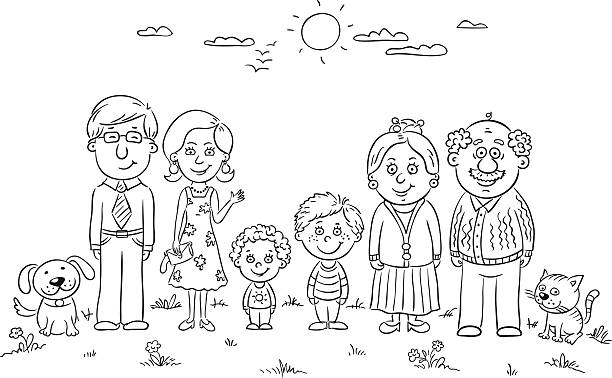 glückliche familie kontur - grandmother standing senior women senior adult stock-grafiken, -clipart, -cartoons und -symbole