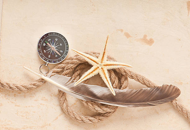 istock compass, rope and starfish on the old paper background 522850145