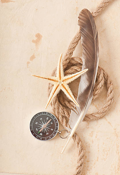 istock compass, rope and starfish on the old paper background 522850157