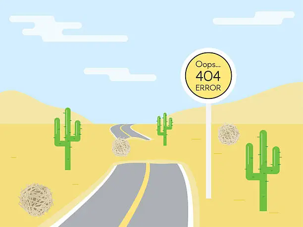 Vector illustration of 404 error page template for website. Road sign