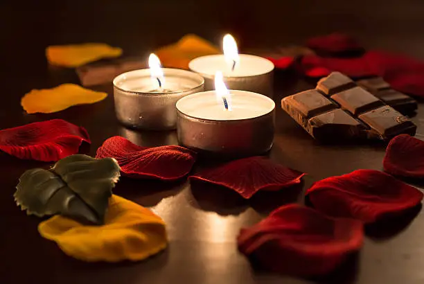 Romantic Tealights With Chocolate and Rose Petals