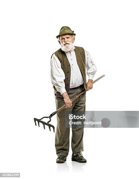 Old Man With Rake Isolated Stock Photo - Download Image Now - 70-79 Years, Active Lifestyle, Active Seniors