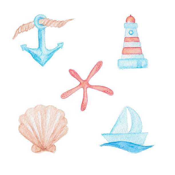 Anchor with rope, boat and wave ,lighthouse, seashell and red starfish watercolor pencils illustrations isolated on white