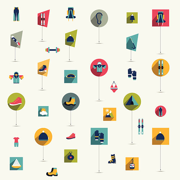 Winter sport and hiking flat icon collection. Vector colorful set. Winter sport and hiking flat icon collection. Vector colorful set. leasure games stock illustrations