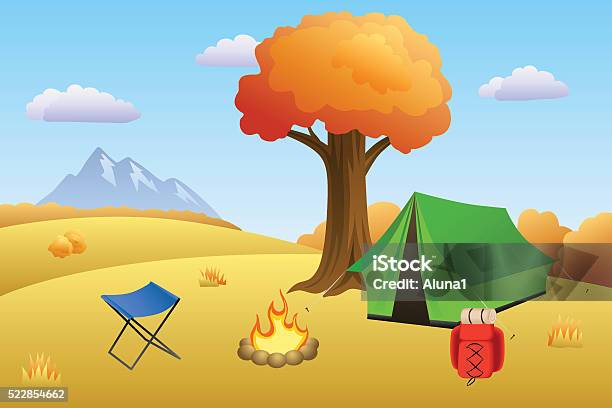 Camp Tree Vector Camping Autumn Landscape Day Tent Campfire Tree Vector Stock ...