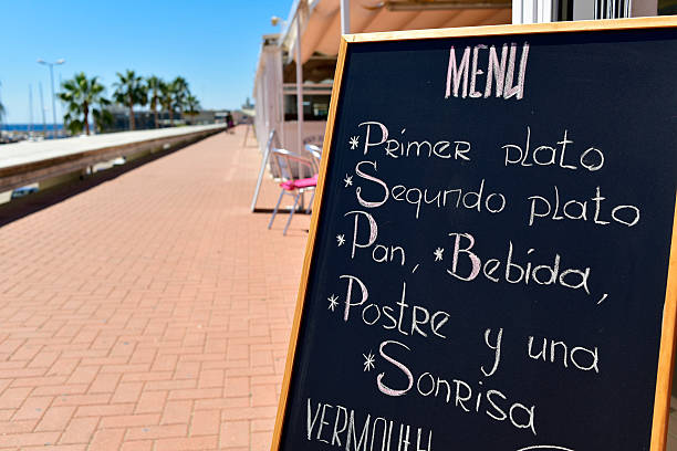 closeup of the chalkboard of a restaurant in a coastal city in Spain, with a generic menu including a starter, a main course, bread, beverage, dessert and a smile, written in spanish