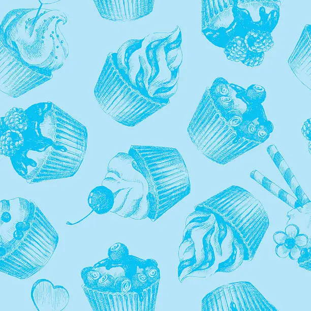 Vector illustration of Cupcakes blue seamless pattern