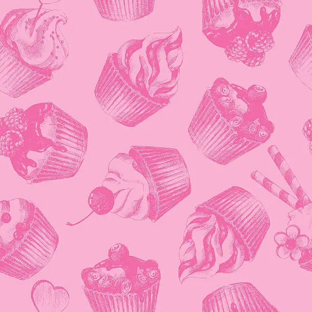 Vector illustration of Cupcakes pink seamless pattern