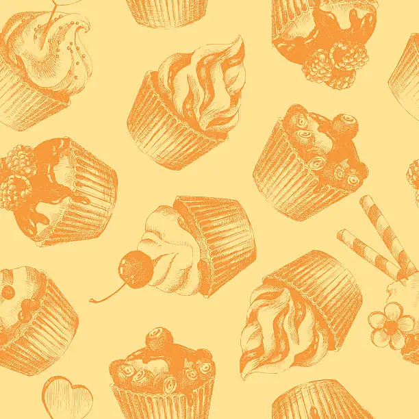 Vector illustration of Cupcakes ocher seamless pattern