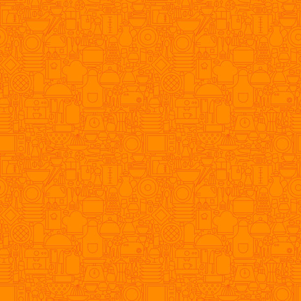 orange dünne linie küchenzubehör und kochen nahtlose musterung - tea food tea crop pattern stock-grafiken, -clipart, -cartoons und -symbole