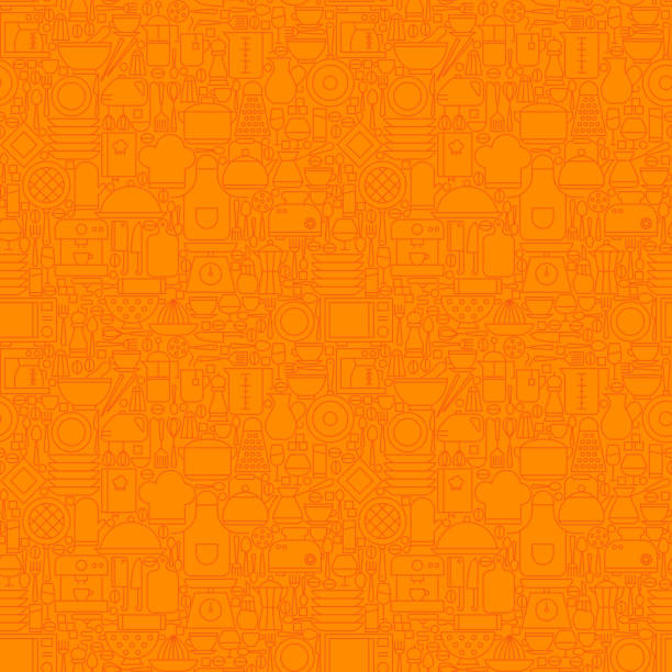 Orange Thin Line Kitchen Utensil and Cooking Seamless Pattern Orange Thin Line Kitchen Utensil and Cooking Seamless Pattern. Vector Website Design and Seamless Background in Trendy Modern Outline Style. Kitcheware and Appliances. kitchen patterns stock illustrations