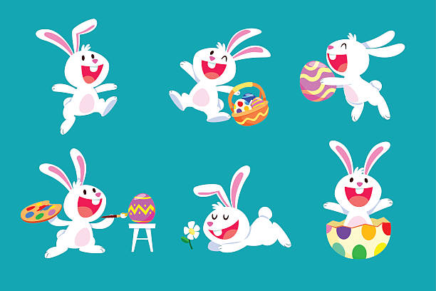 ilustrações, clipart, desenhos animados e ícones de conjunto de branco de coelho de páscoa em diferentes posições - filhote de coelho