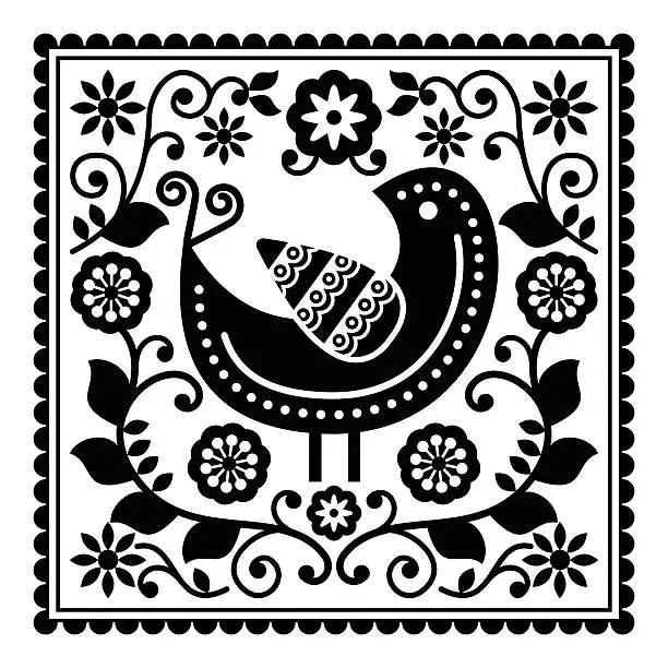Vector illustration of Folk art black pattern with bird and flowers
