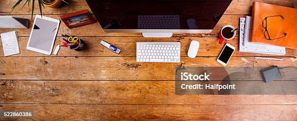 Desk With Various Gadgets And Office Supplies Flat Lay Stock Photo - Download Image Now