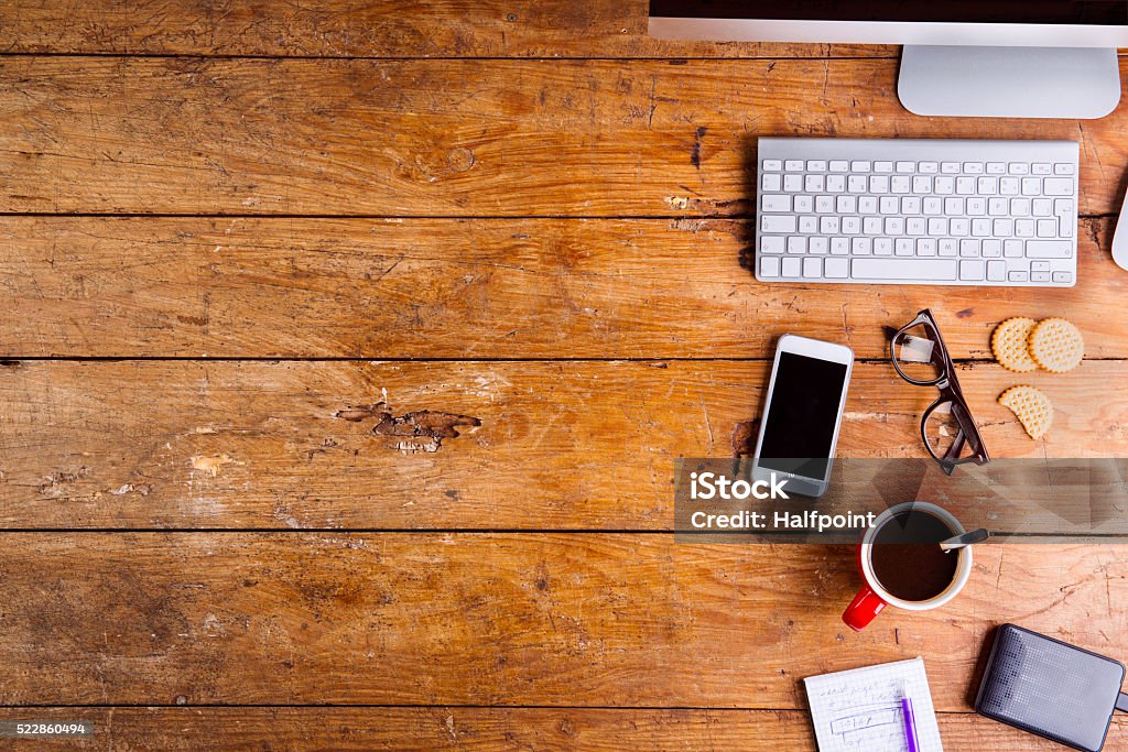 Desk Gadgets And Office Supplies Flat Lay Copy Space Stock Photo - Download  Image Now - iStock