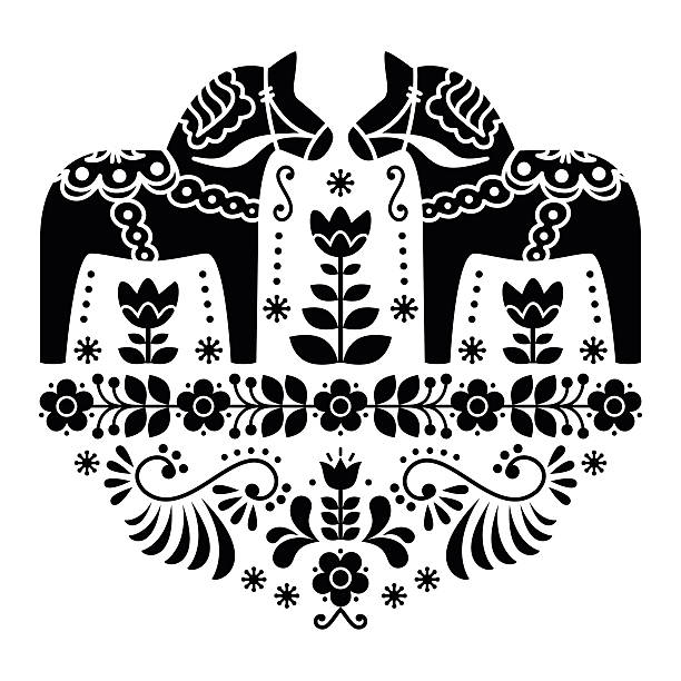 bildbanksillustrationer, clip art samt tecknat material och ikoner med swedish dala or daleclarian horse floral folk pattern - sweden