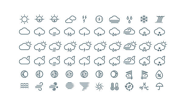 illustrations, cliparts, dessins animés et icônes de collection d'icônes météo ligne ténue seul sur fond blanc. - barometer heat thermometer sun