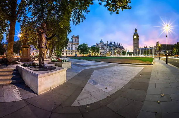Panorama of Parliament Square and Queen Elizabeth Tower in London, United Kingdom