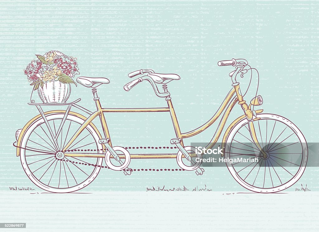 Vintage Tandem Bicycle Drawing with Summer Flowers Yellow vector Vintage Retro tandem bicycle with flowers in rear basket. Hand drawn vector illustration of a bike for two in pen & ink sketch style. Color image perfect for wedding cards and invitations for friends. Tandem Bicycle stock vector