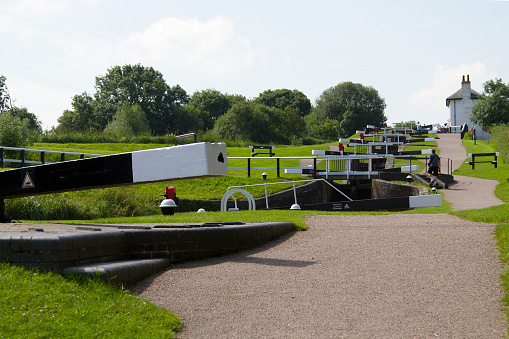 Shot of the canal staircase of locks at Foxton