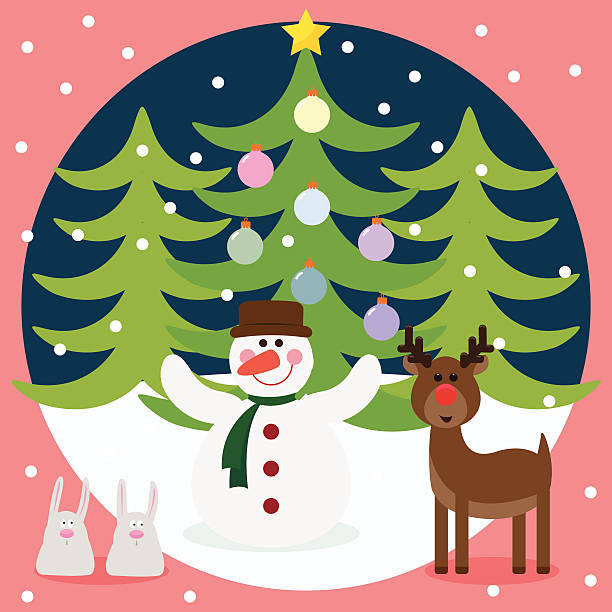 zima boże narodzenie karty z śmieszne bałwan śniegowy - christmas christmas tree snow illustration and painting stock illustrations