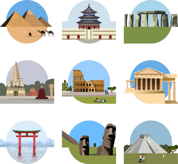 세계적 명소 납작한 아이콘 세트 - world heritage stock illustrations