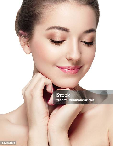 Beautiful Woman Face Close Up Portrait Happy Studio On White Stock Photo - Download Image Now