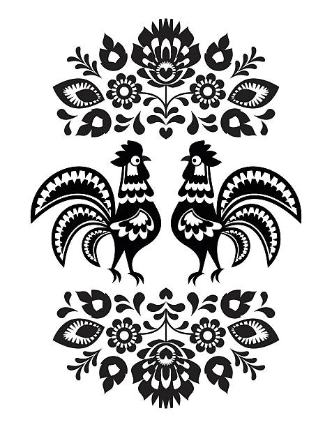 ilustraciones, imágenes clip art, dibujos animados e iconos de stock de polaco arte folklórico bordado con gallos en blanco y negro - ornamental garden europe flower bed old fashioned